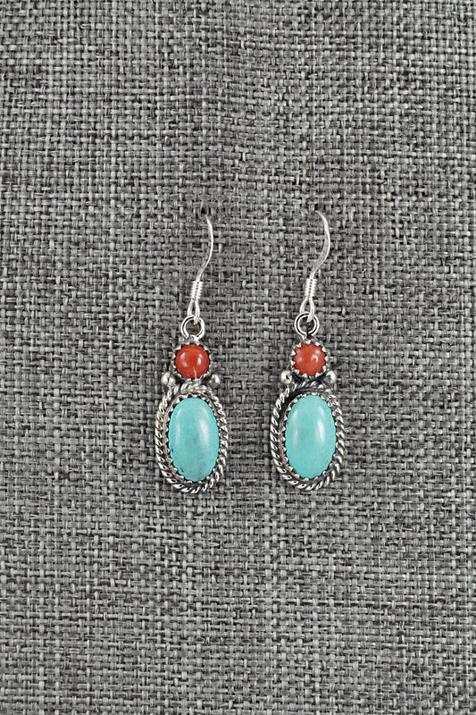 Turquoise, Coral & Sterling Silver Earrings - Verley Betone