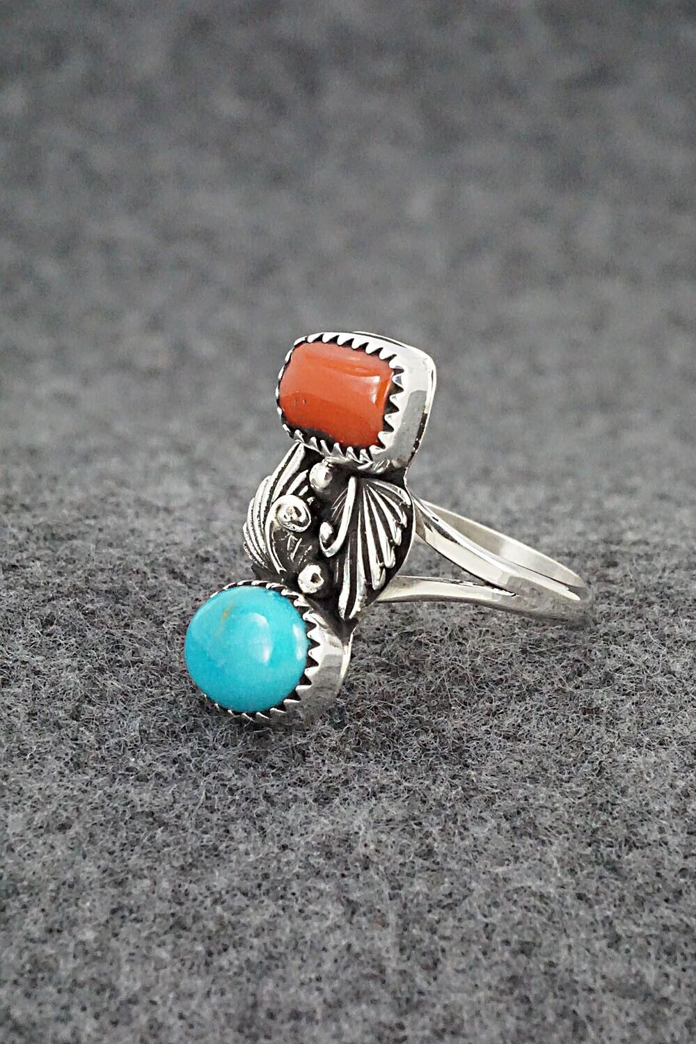 Coral, Turquoise & Sterling Silver Ring - Alice Rose Saunders - Size 8.25