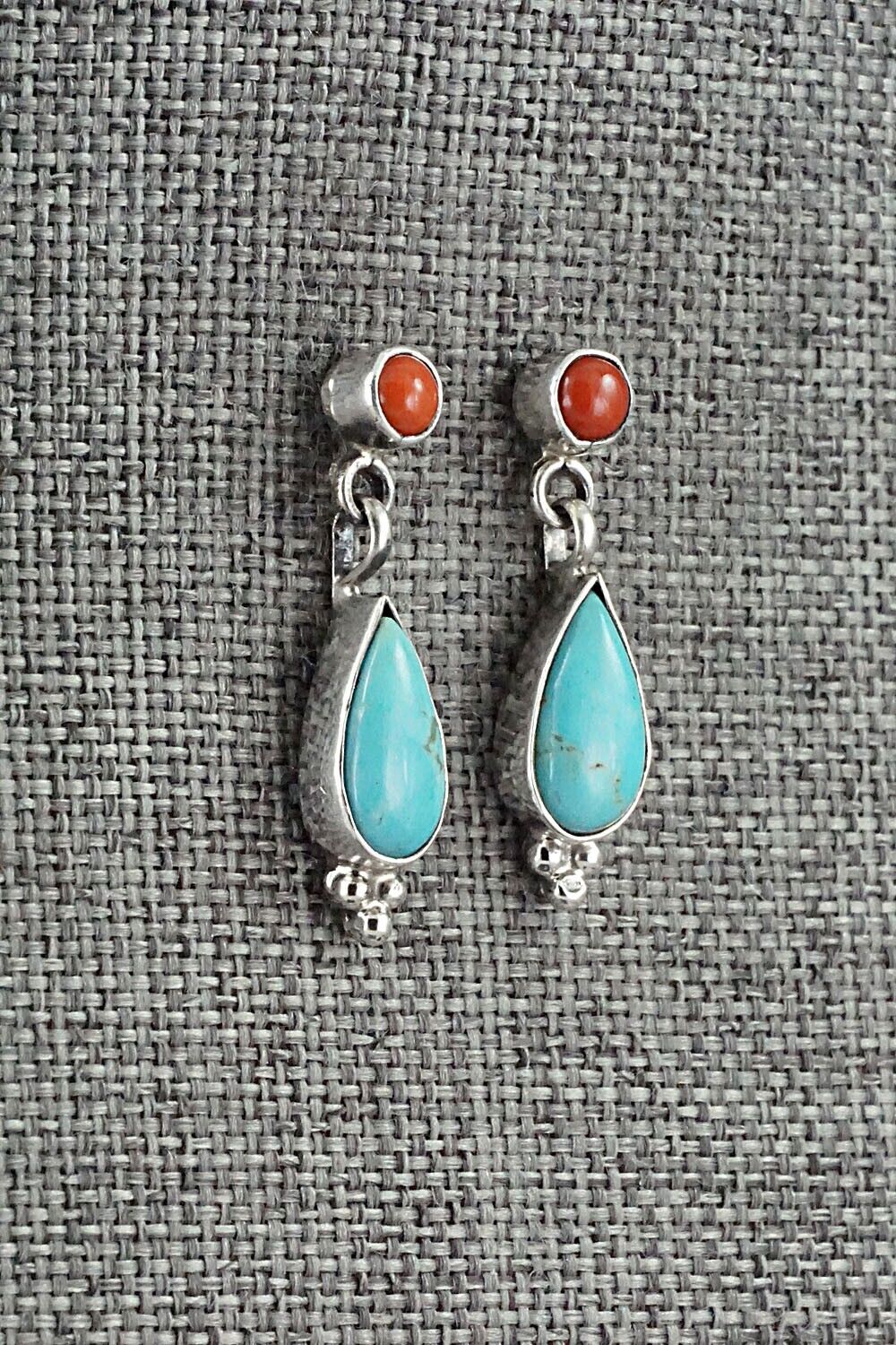 Turquoise, Coral and Sterling Silver Earrings - Gary Shorty