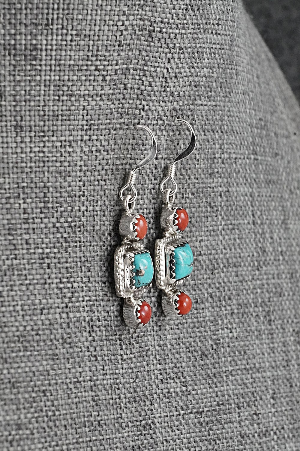 Turquoise, Coral & Sterling Silver Earrings - Gary Shorty