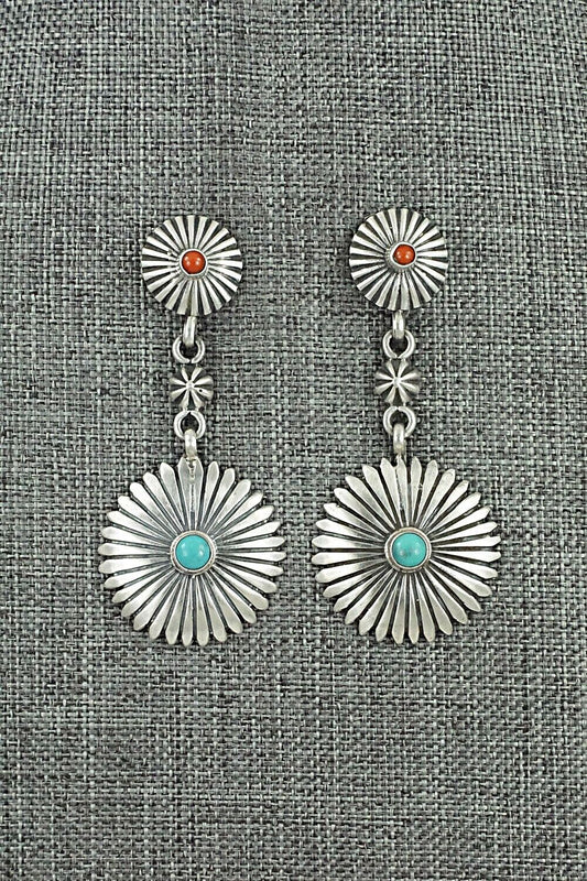 Turquoise, Coral & Sterling Silver Earrings - Verley Betone