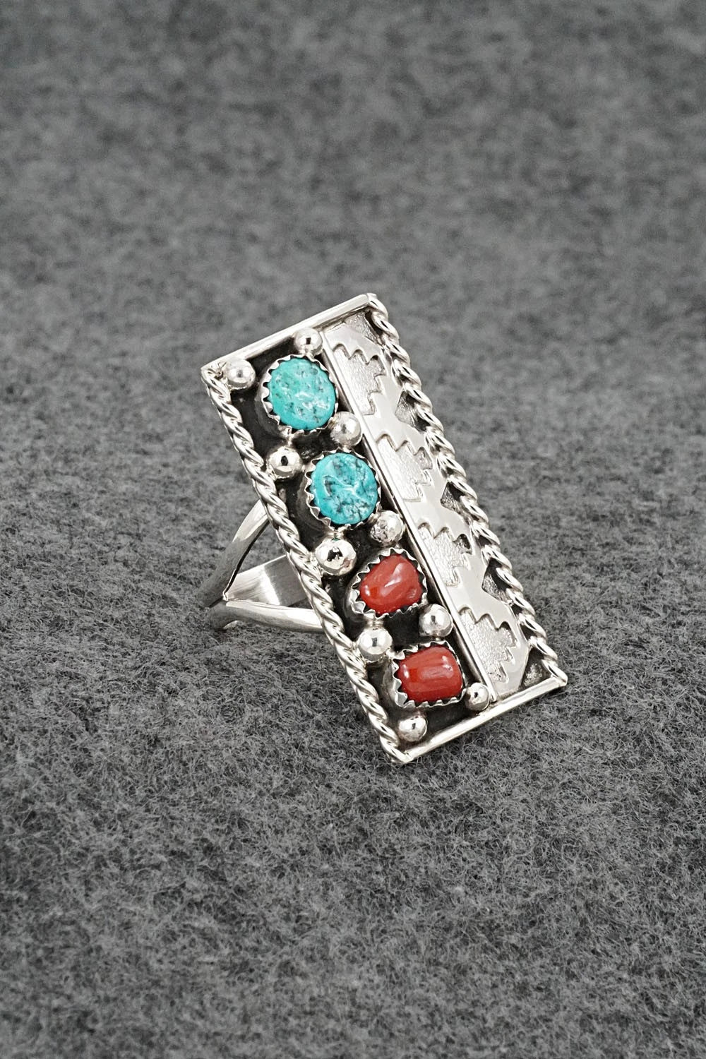 Turquoise, Coral & Sterling Silver Ring - Ronnie Spencer - Size 10