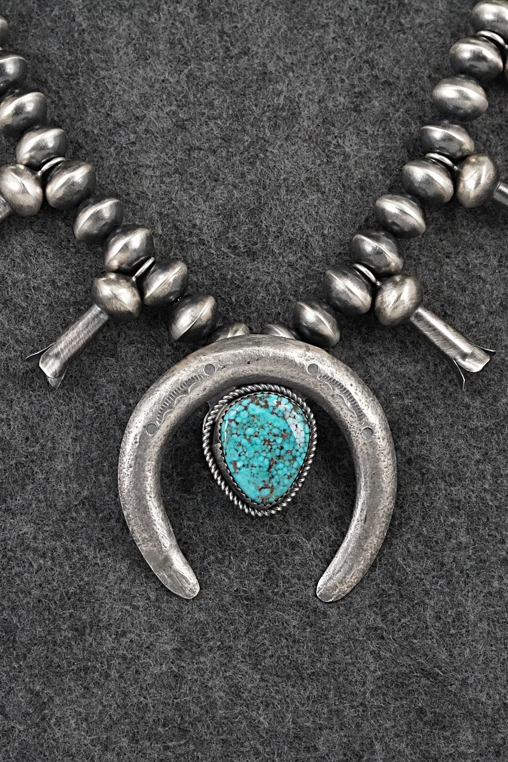 Turquoise & Sterling Silver Navajo Pearl Squash Blossom Necklace - Presley Haley