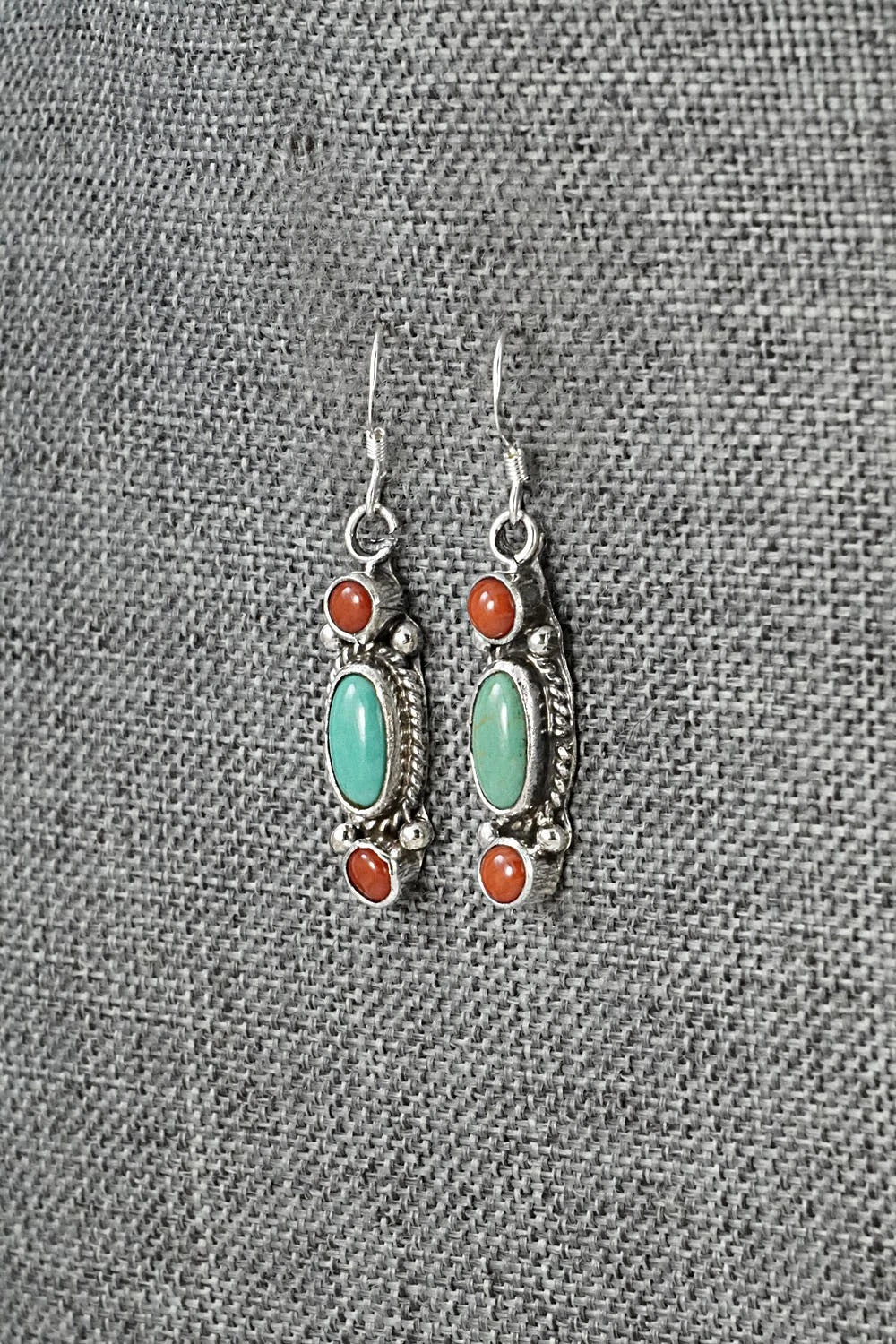 Turquoise, Coral & Sterling Silver Earrings - Verley Betone