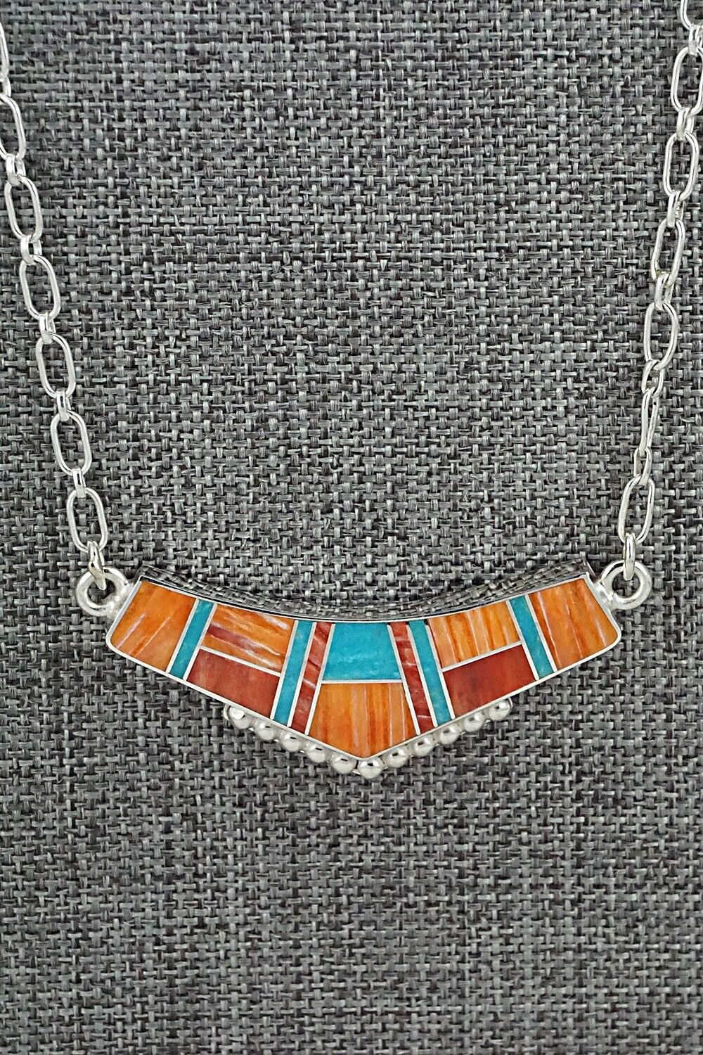 Turquoise, Spiny Oyster & Sterling Silver Inlay Necklace - Curtis Manygoats