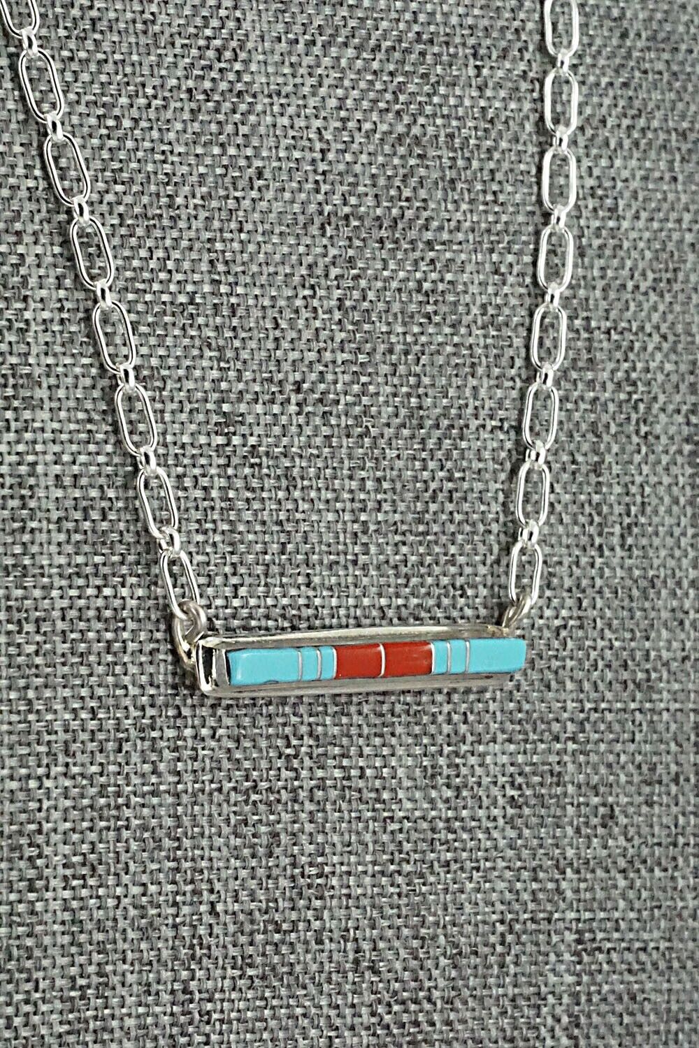 Turquoise, Coral & Sterling Silver Inlay Necklace - Roland Natachu