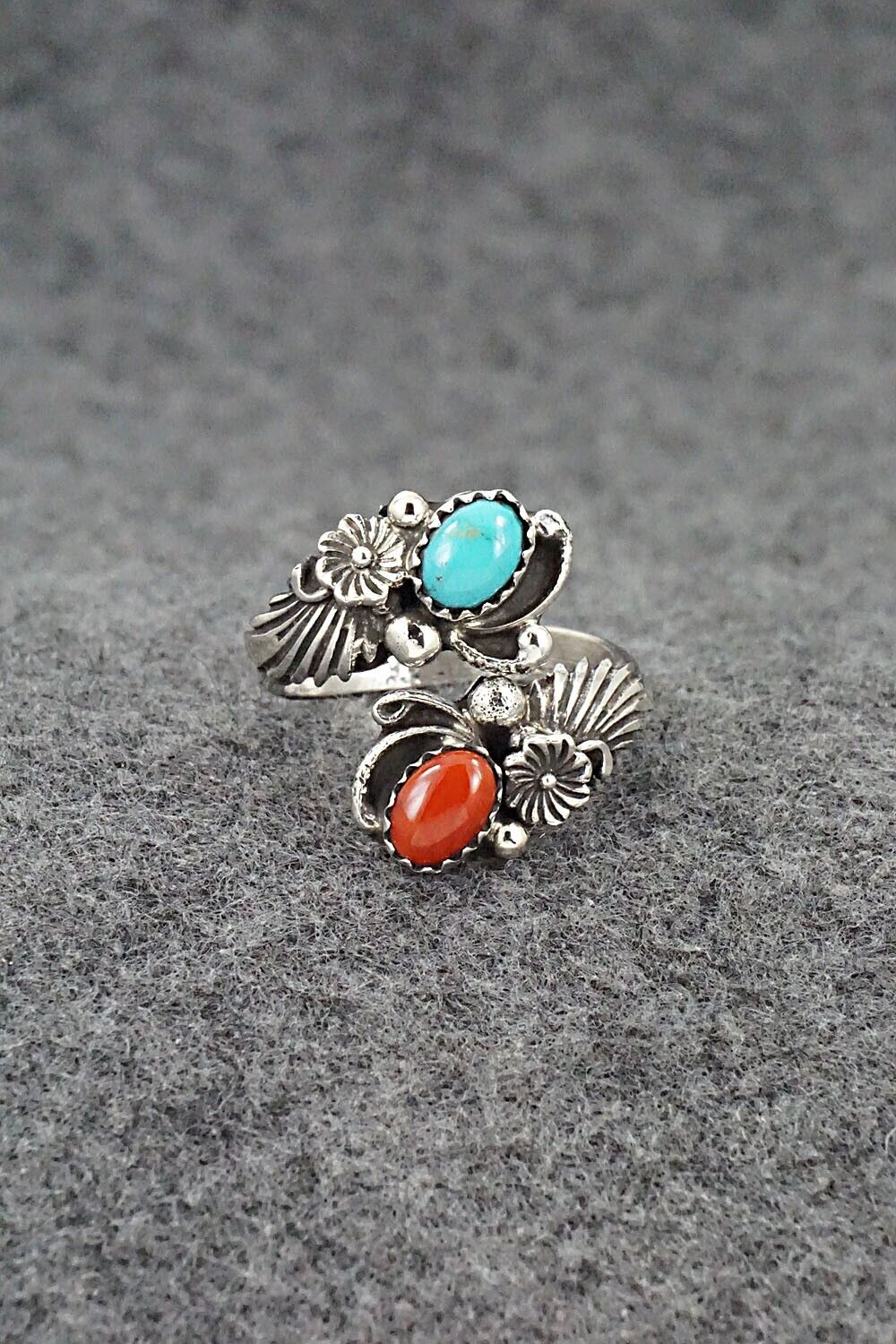 Turquoise, Coral & Sterling Silver Ring - Etta Belin - Size 8.5