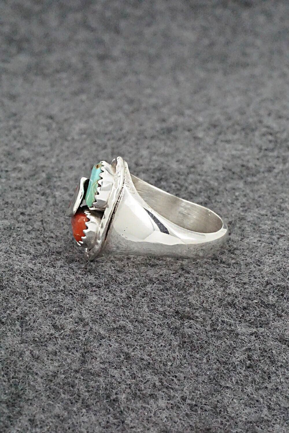 Turquoise, Coral & Sterling Silver Ring - Joy Calavaza - Size 7.5