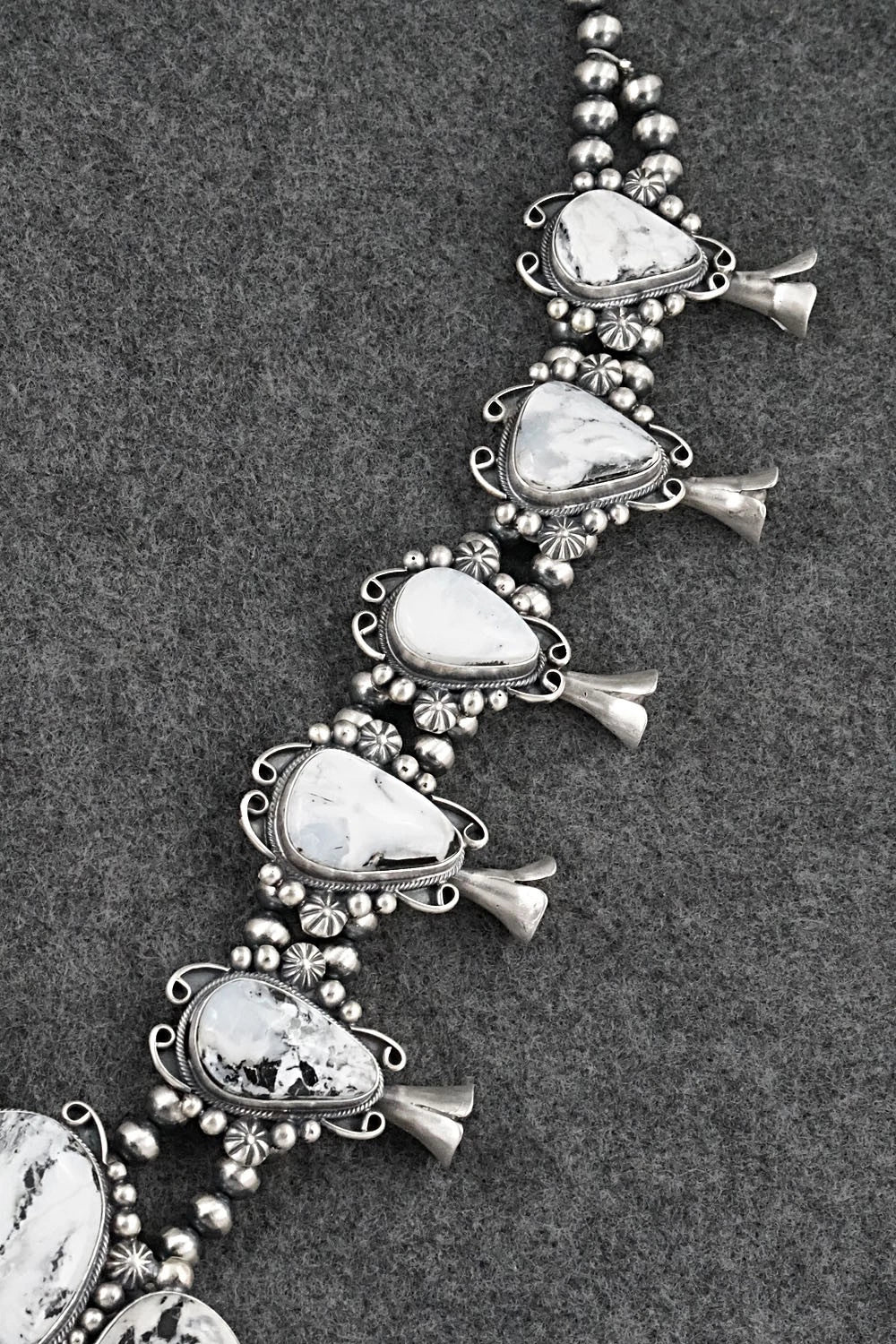 White Buffalo & Sterling Silver Squash Blossom Set - Paul Livingston