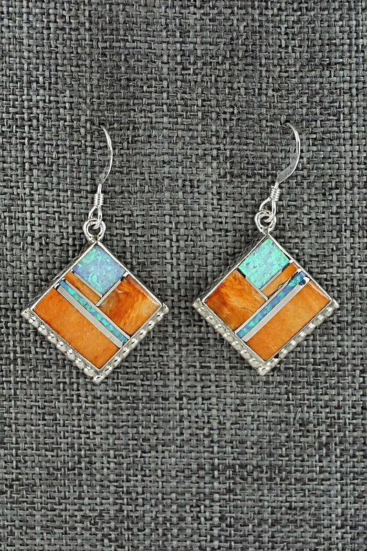 Spiny Oyster, Opalite & Sterling Silver Inlay Earrings - James Manygoats