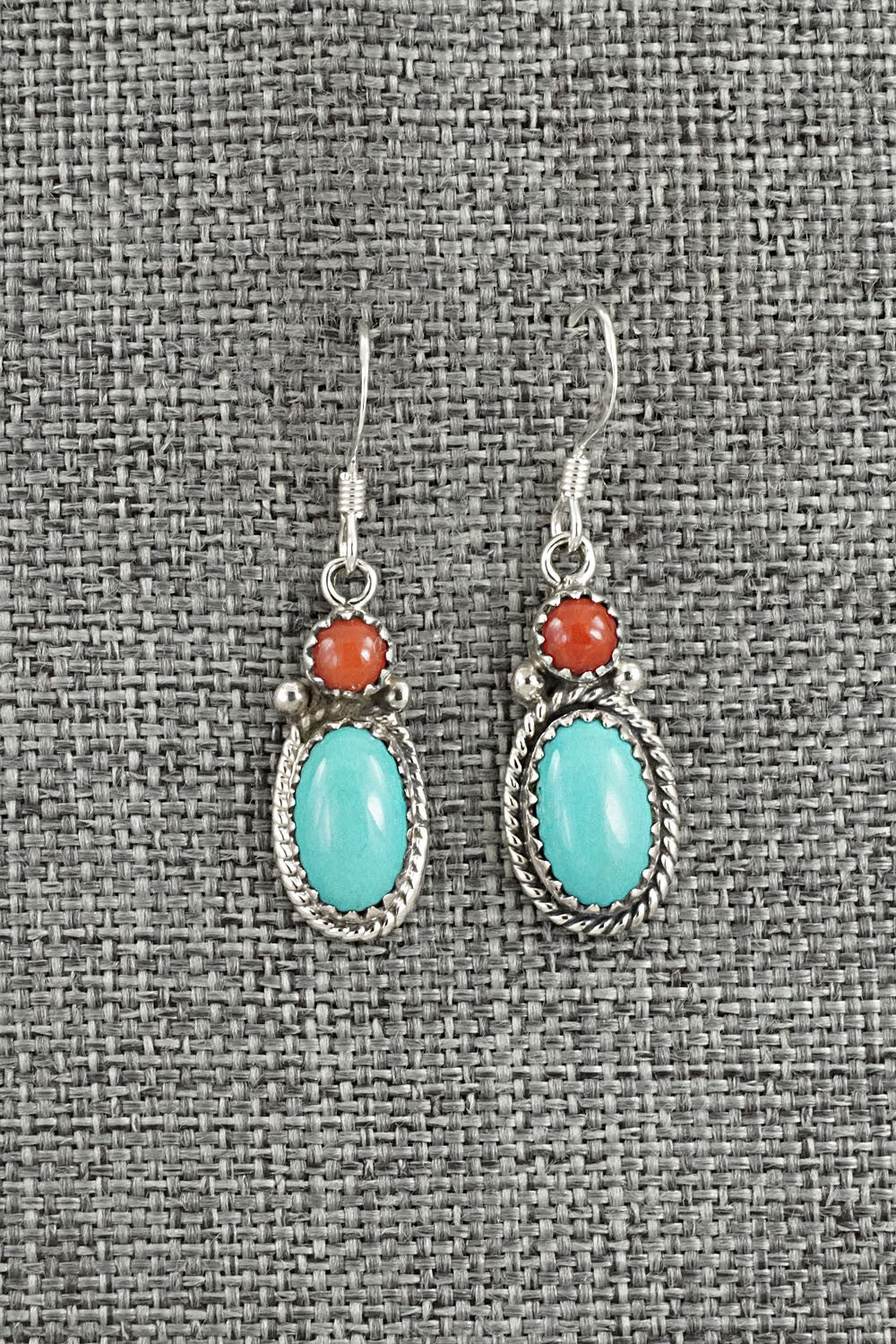 Turquoise, Coral & Sterling Silver Earrings - Verley Betone
