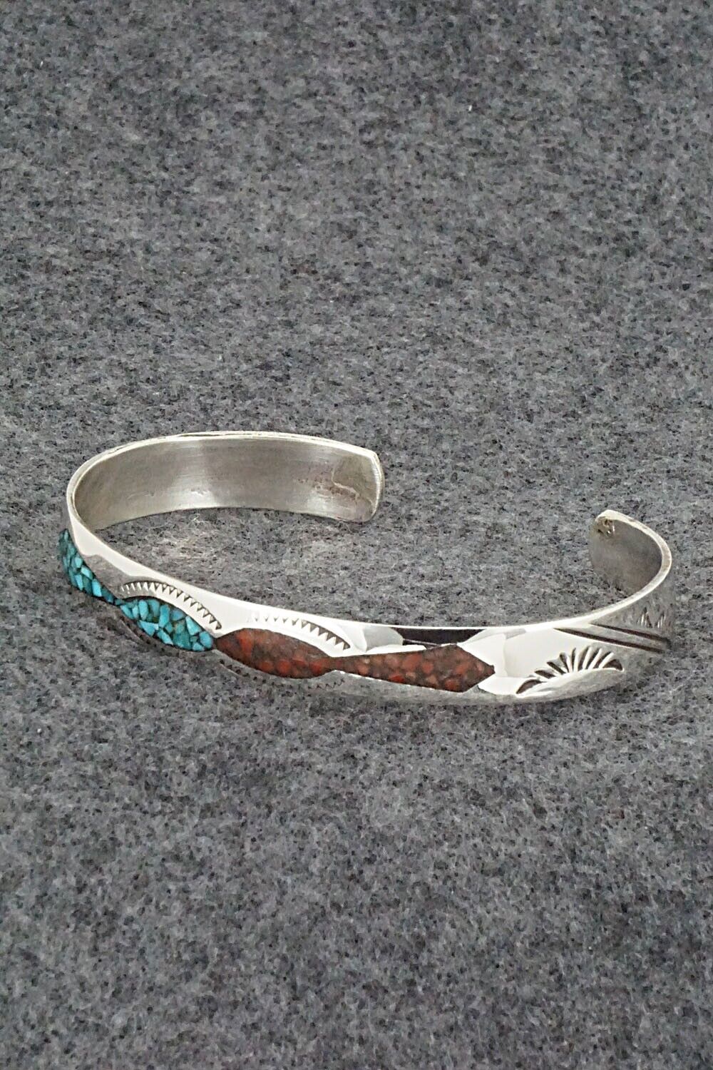 Turquoise, Coral Chip Inlay & Sterling Silver Bracelet - Joleen Yazzie