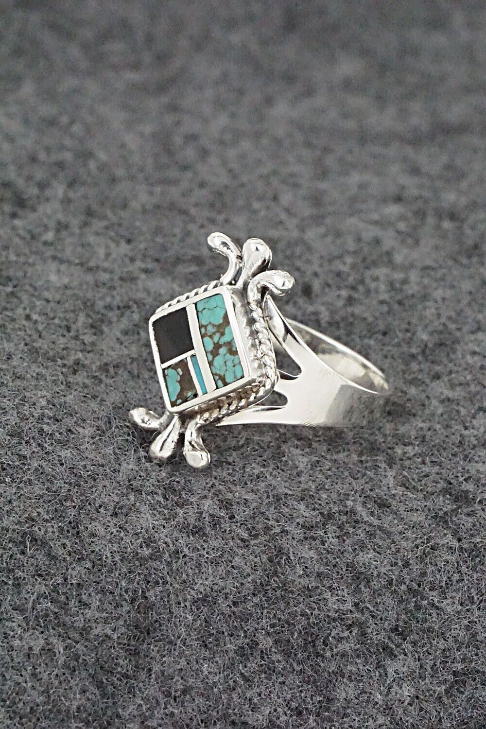 Turquoise, Onyx & Sterling Silver Inlay Ring - James Manygoats - Size 7.5