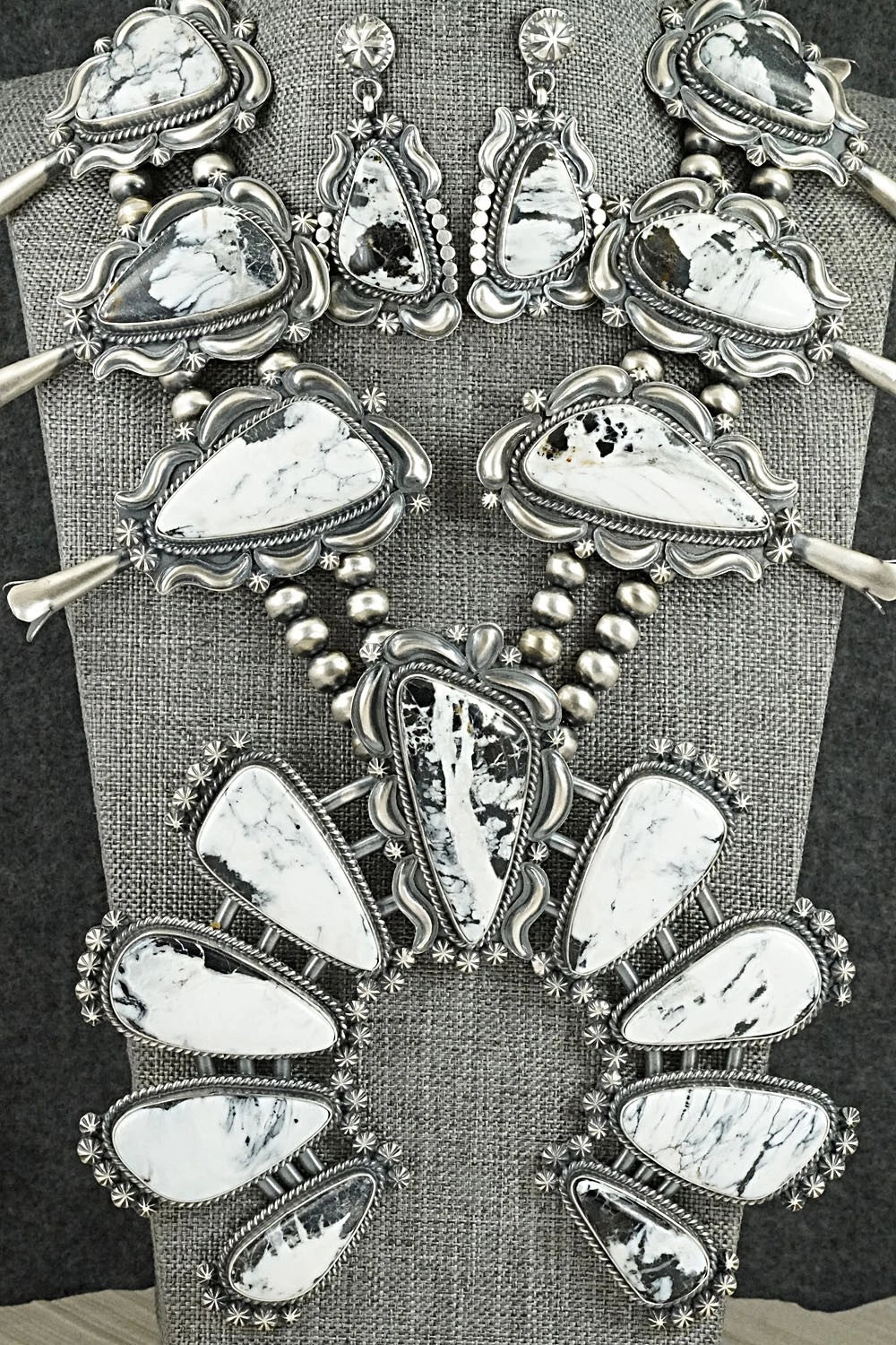 White Buffalo & Sterling Silver Squash Blossom Set - Raymond Delgarito