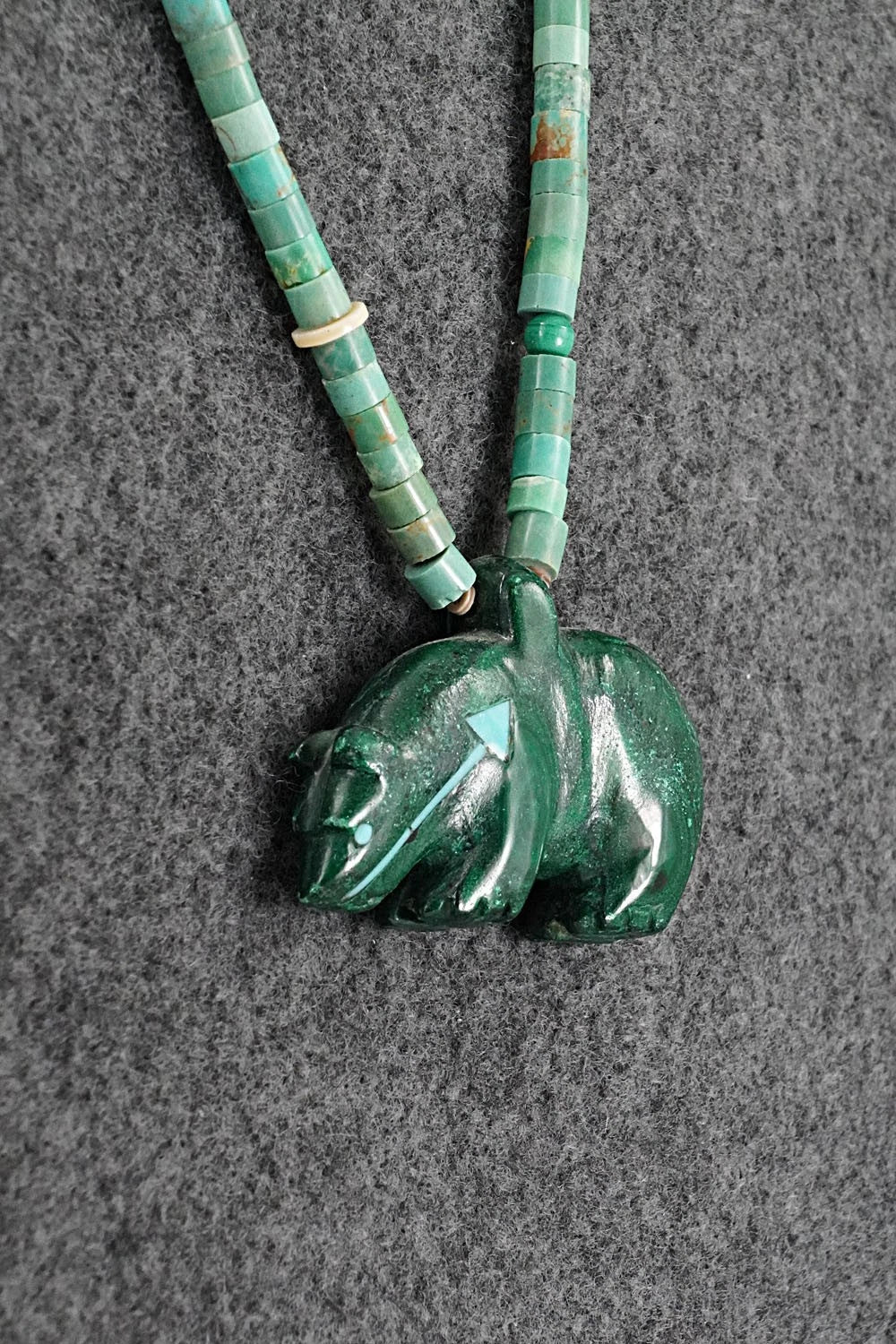 Turquoise & Sterling Silver Bear Zuni Fetish Necklace - Andres Quandelacy