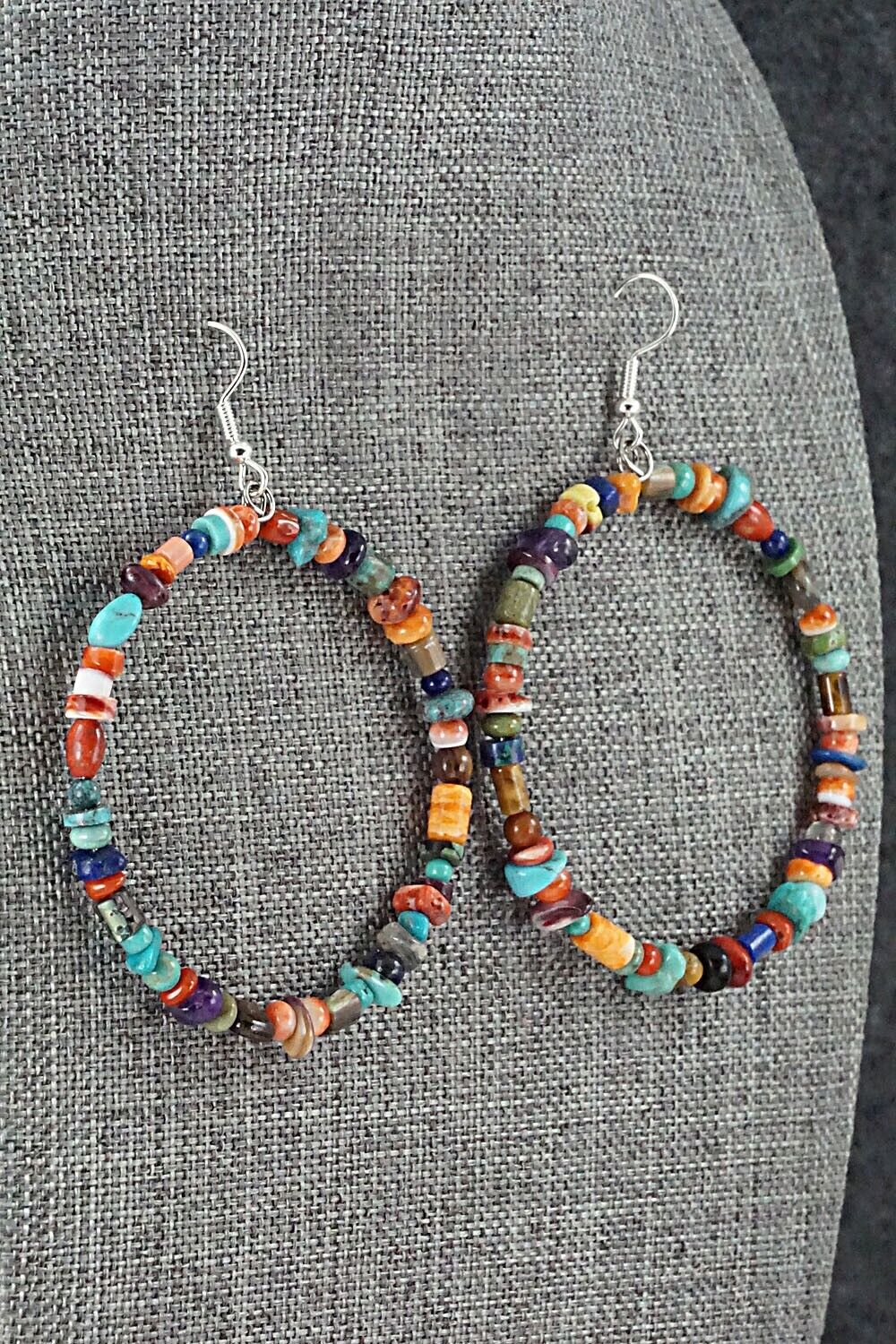 Multi Stone & Sterling Silver Hoop Earrings - Helen Tsosie