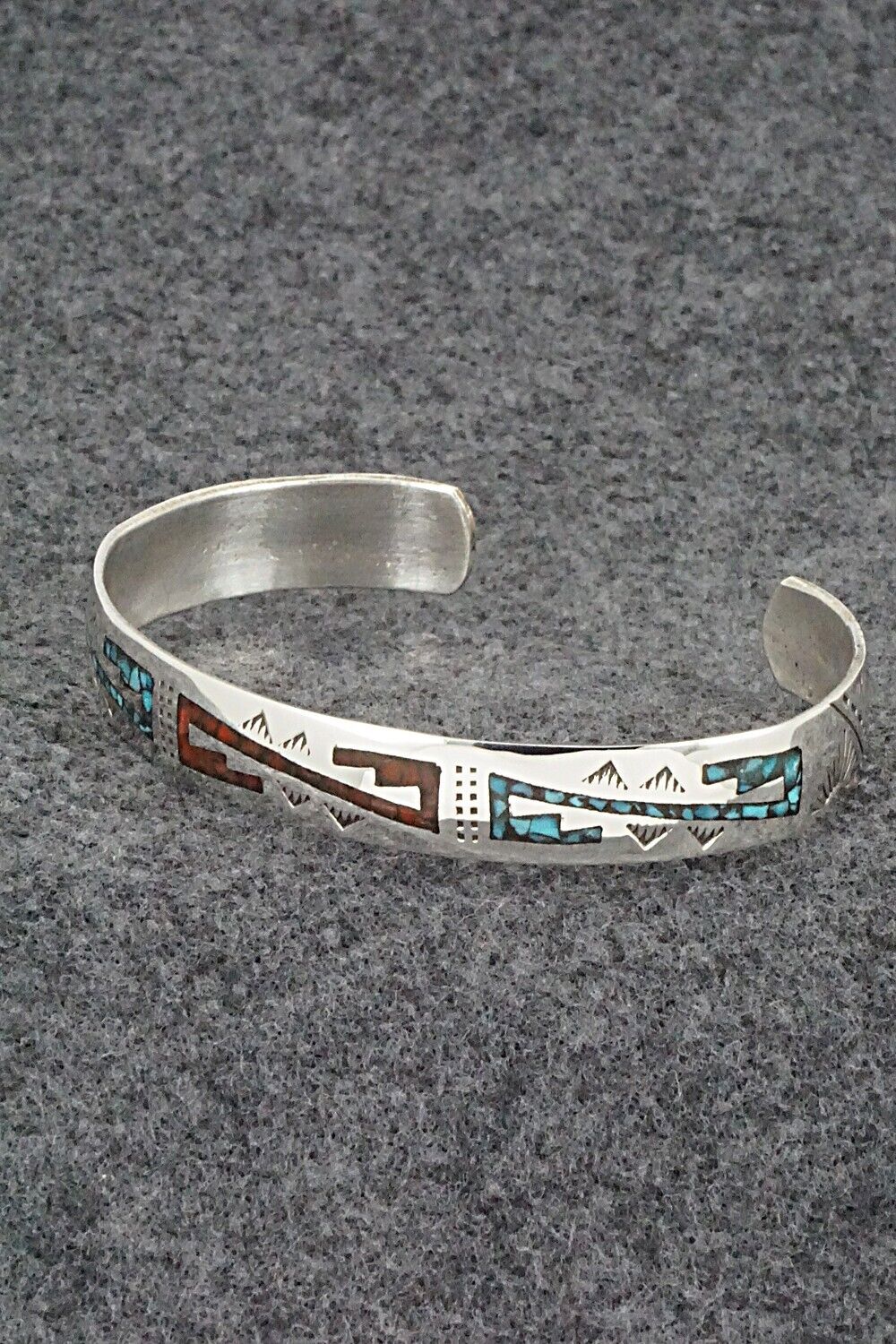 Turquoise, Coral Chip Inlay & Sterling Silver Bracelet - Joleen Yazzie