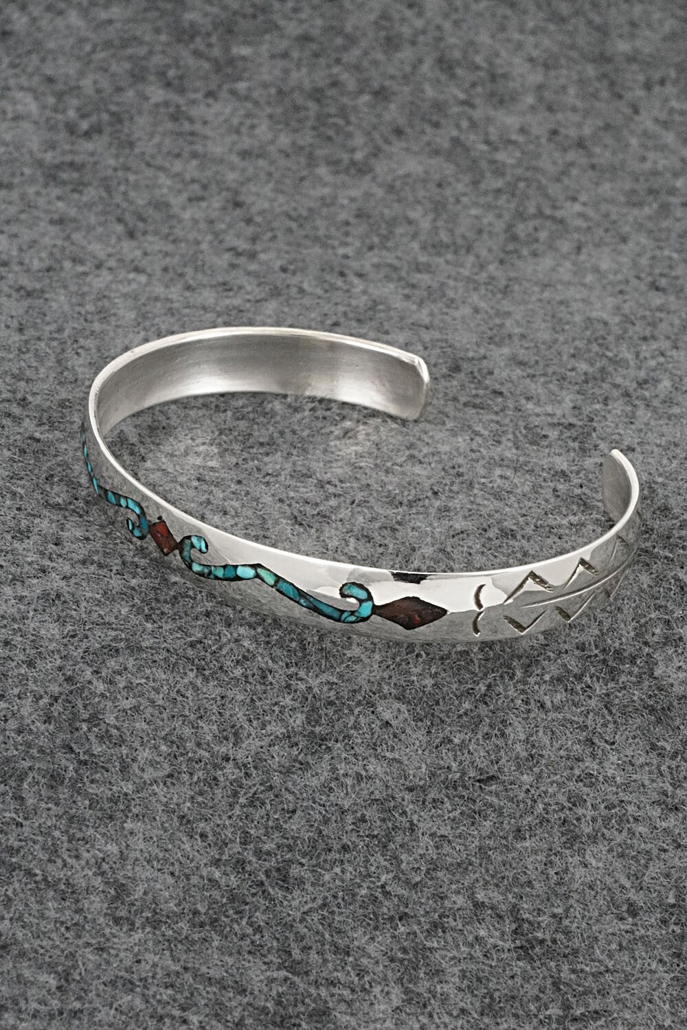 Turquoise, Coral Chip Inlay & Sterling Silver Bracelet - Joleen Yazzie