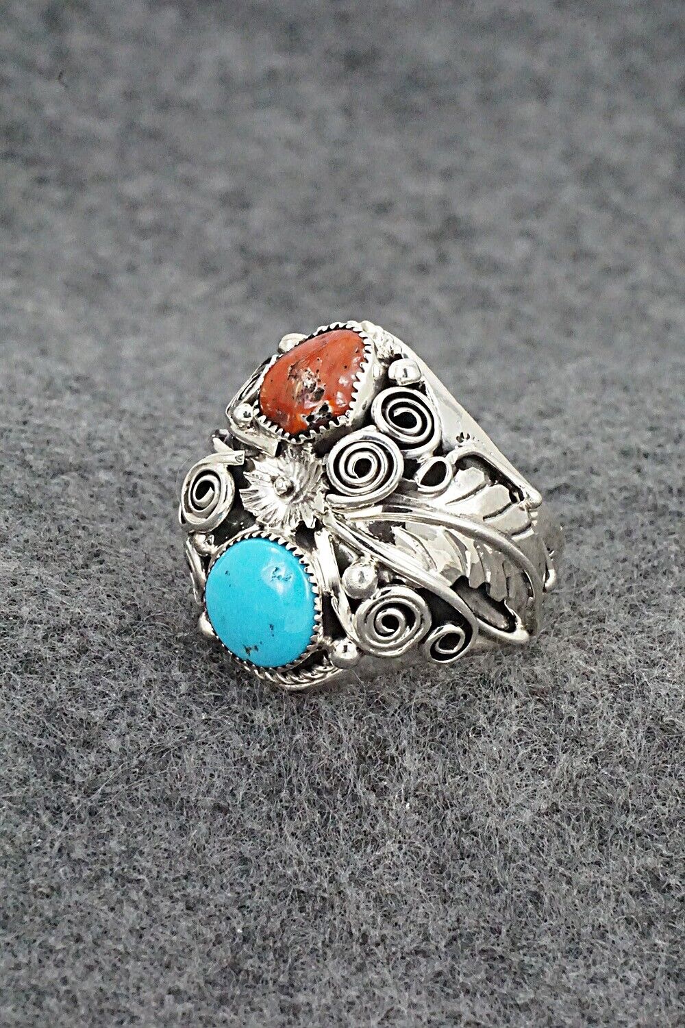 Turquoise, Coral & Sterling Silver Ring - Sarah Yazzie - Size 10