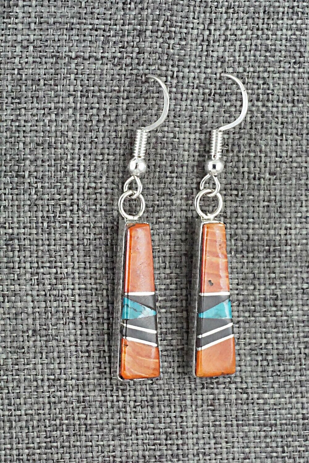 Spiny Oyster, Turquoise, Onyx & Sterling Silver Inlay Earrings - Priscella Smith