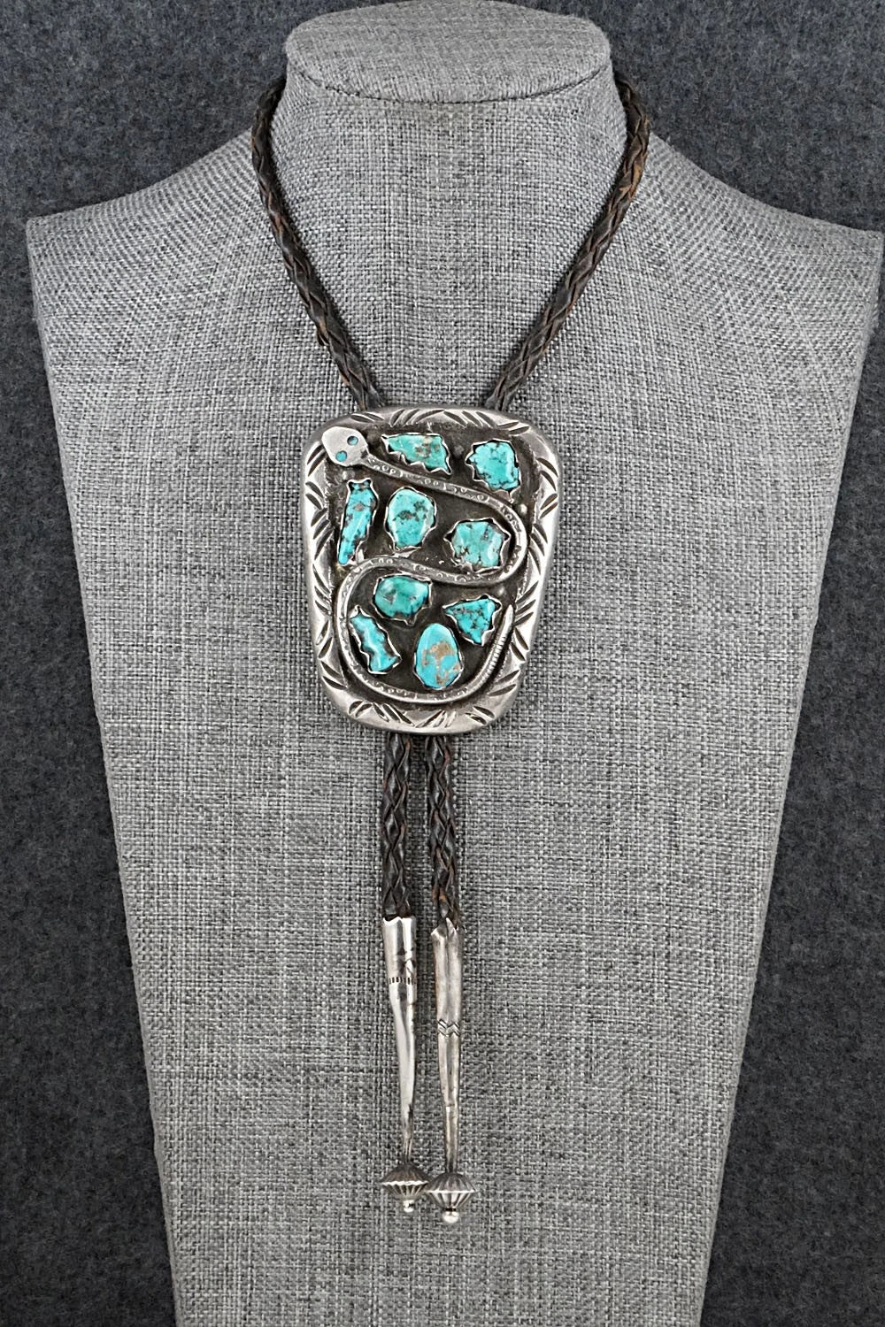Turquoise & Sterling Silver Vintage Bolo Tie - Effie Calavaza