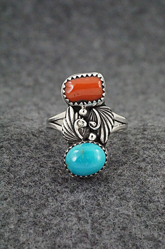Coral, Turquoise & Sterling Silver Ring - Alice Rose Saunders - Size 8.25