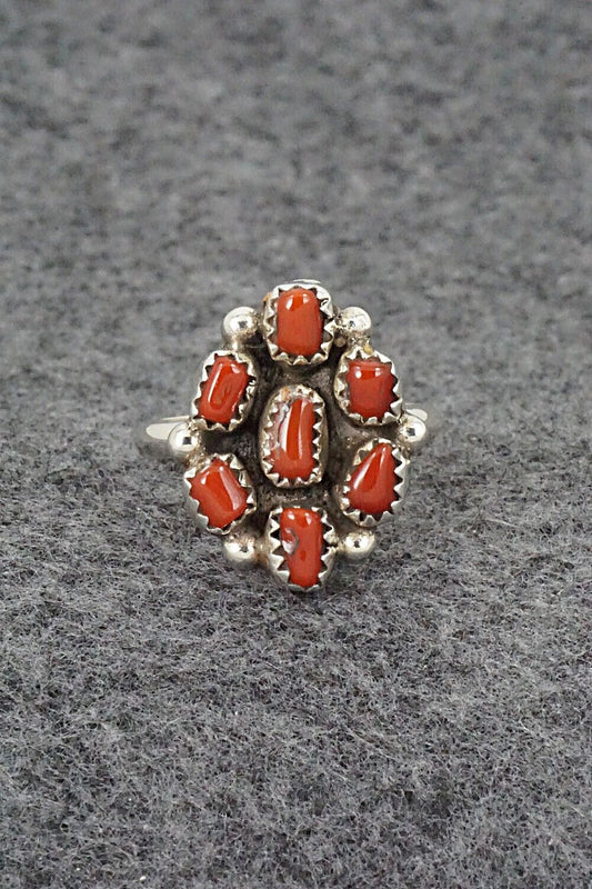 Coral & Sterling Silver Ring - Priscilla Reeder - Size 8.25
