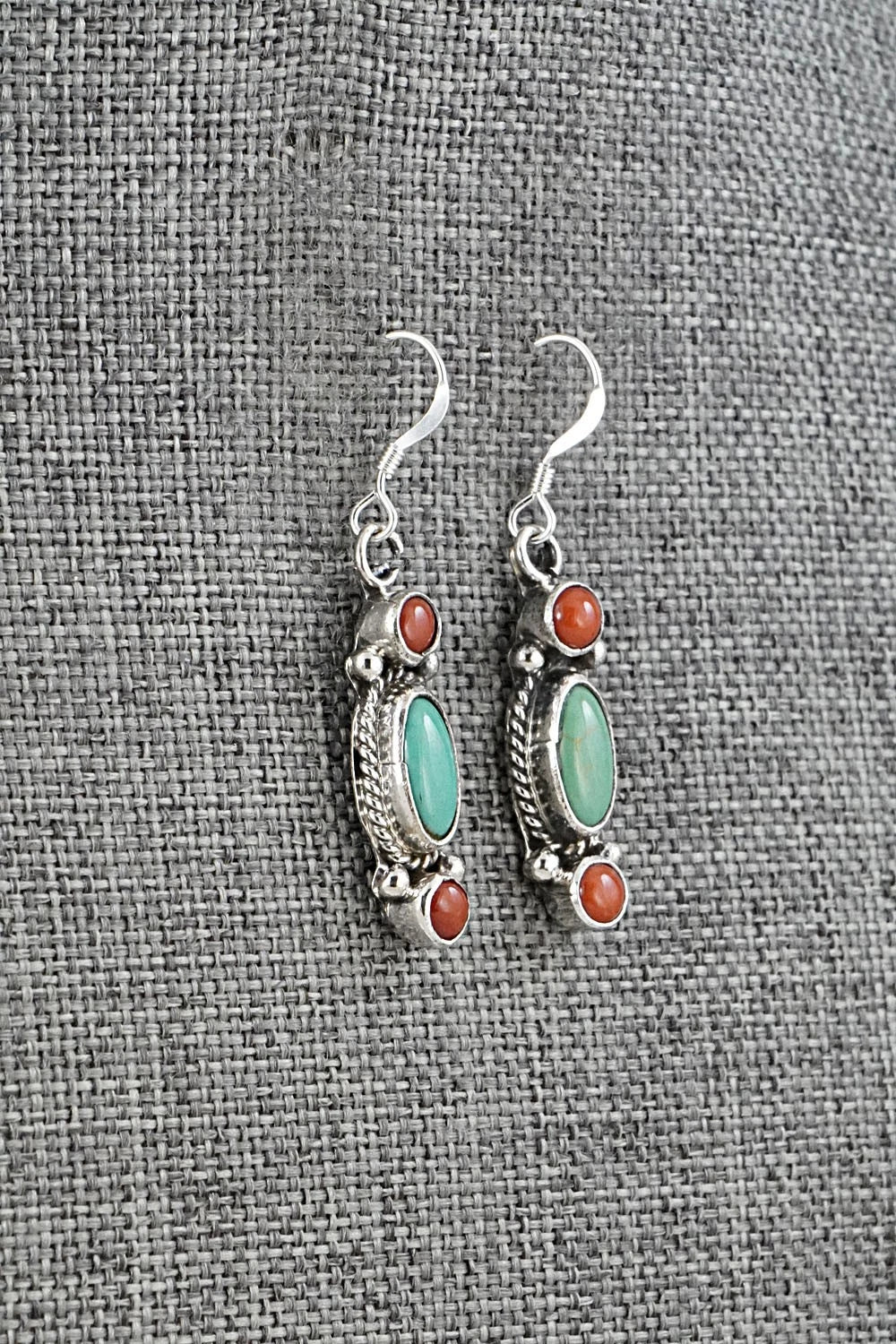 Turquoise, Coral & Sterling Silver Earrings - Verley Betone