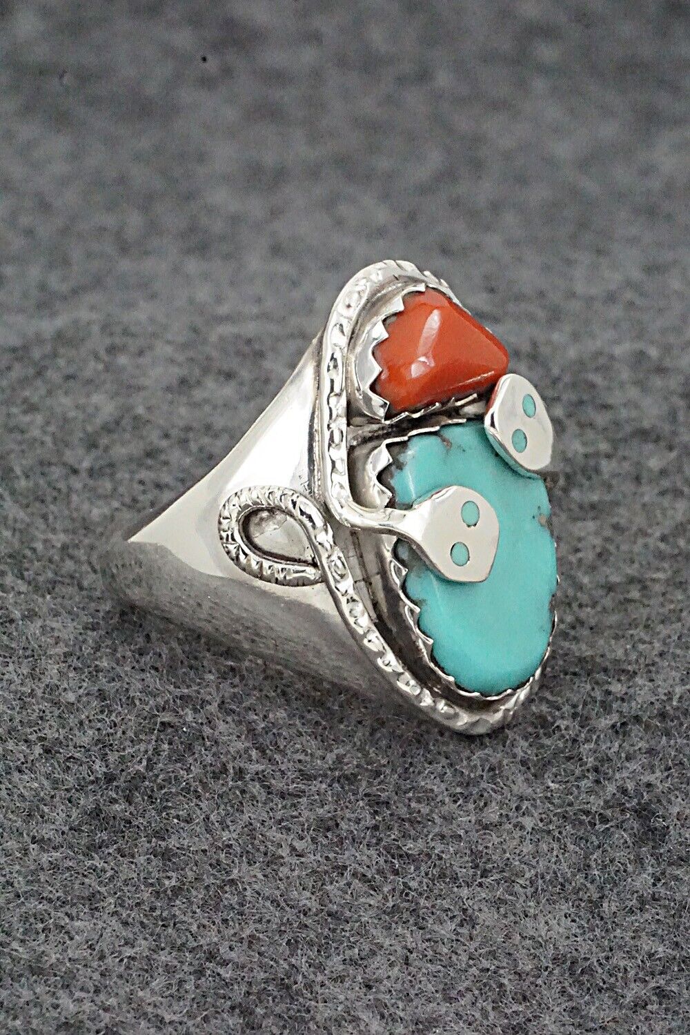 Turquoise, Coral & Sterling Silver Ring - Joy Calavaza - Size 13