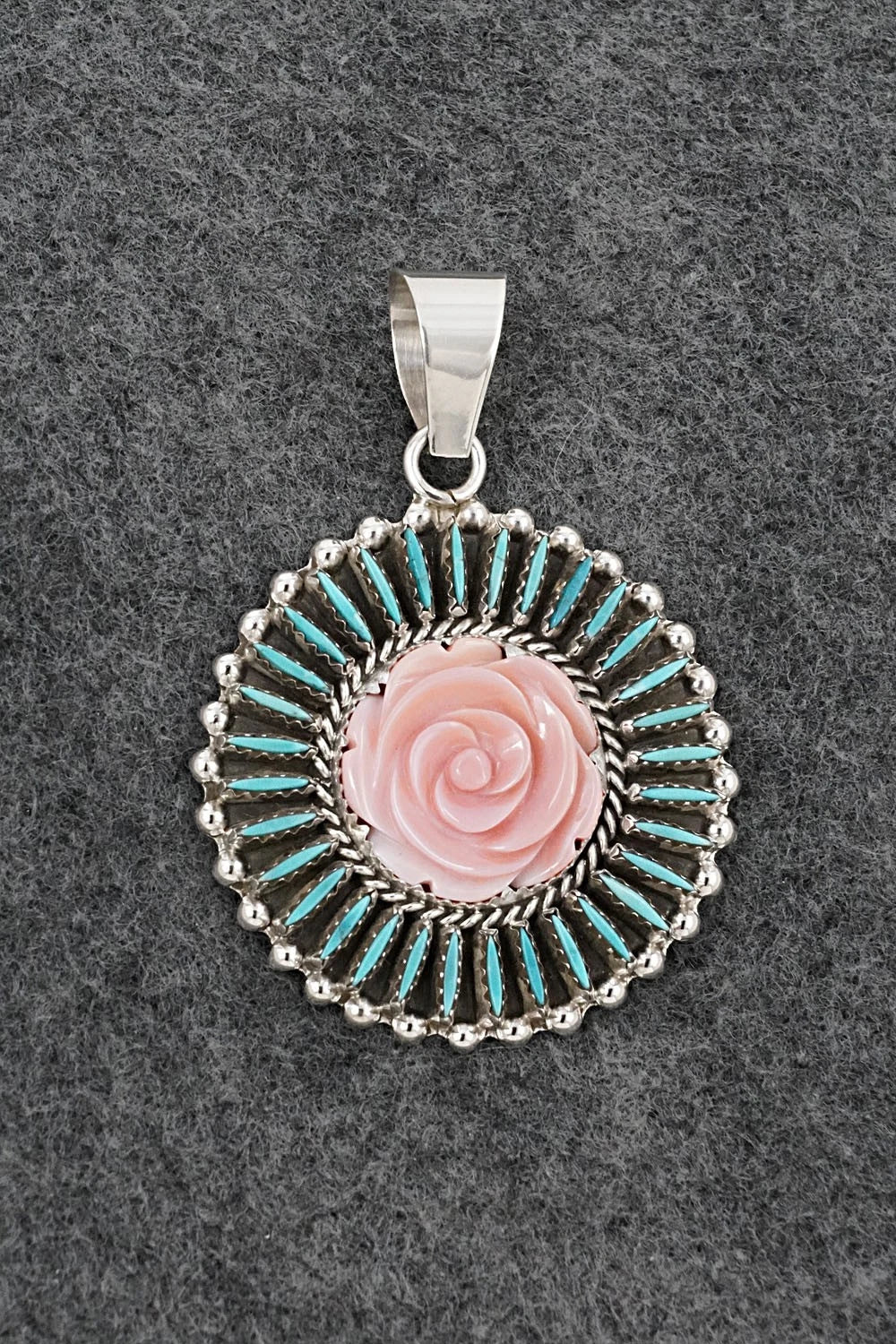 Turquoise, Pink Conch & Sterling Silver Pendant - Roland Francisco