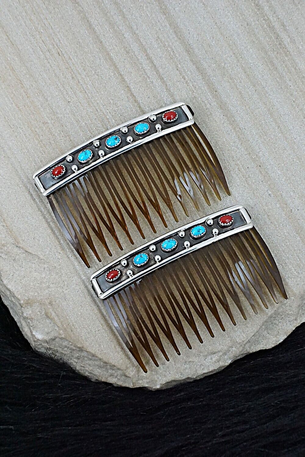 Turquoise, Coral & Sterling Silver Hair Combs - Paul Largo