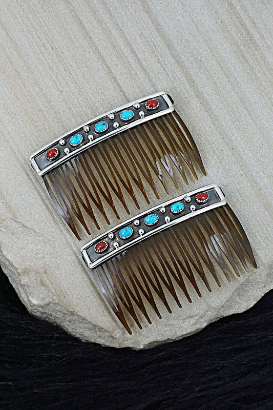 Turquoise, Coral & Sterling Silver Hair Combs - Paul Largo