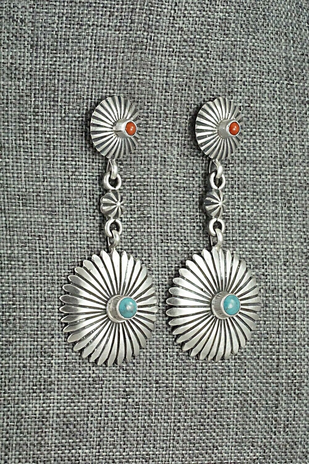 Turquoise, Coral & Sterling Silver Earrings - Verley Betone