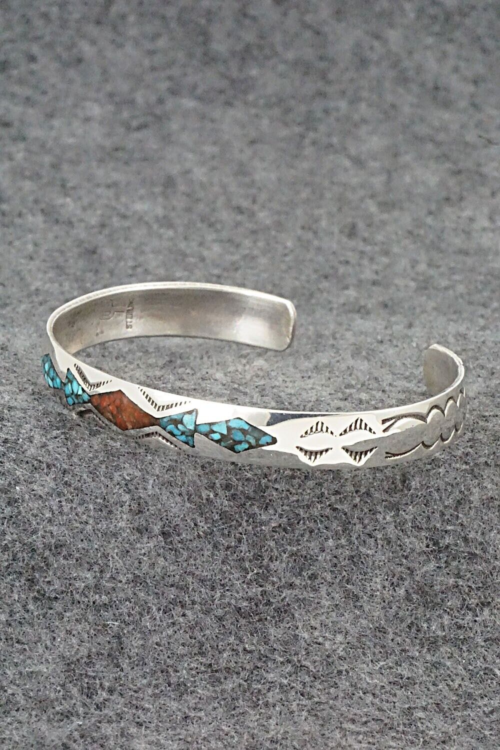 Turquoise, Coral & Sterling Silver Inlay Bracelet - Jolene Yazzie