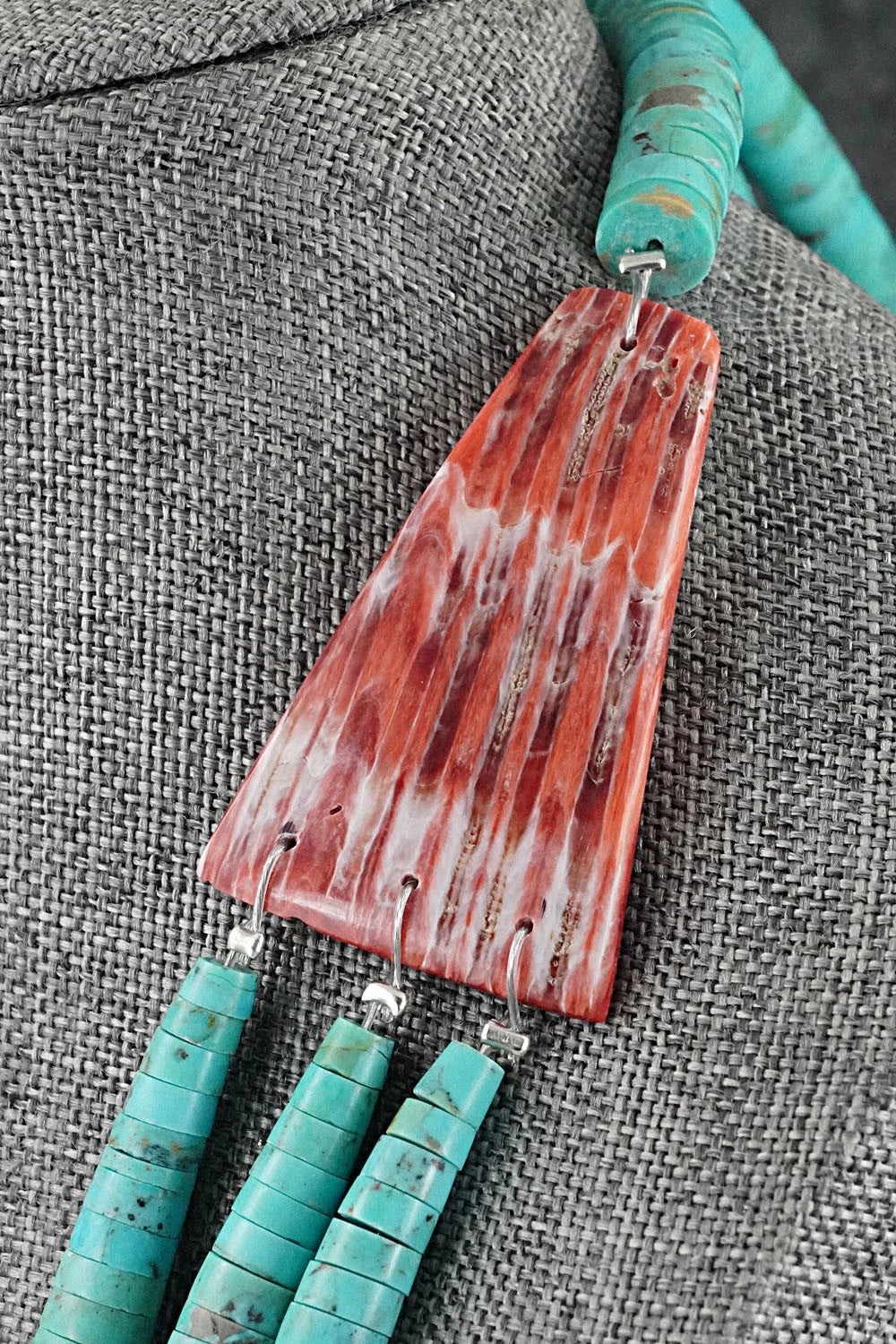 Turquoise, Spiny Oyster and Sterling Silver Necklace - Lupe Lovato