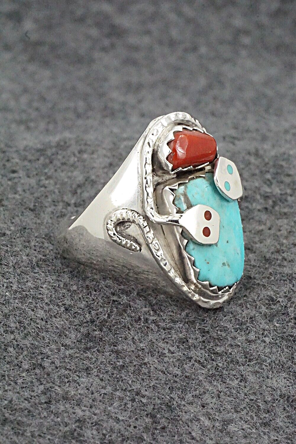 Turquoise, Coral & Sterling Silver Ring - Joy Calavaza - Size 12.5