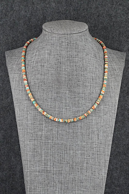 Turquoise, Spiny Oyster & Sterling Silver Necklace 17" - Doreen Jake