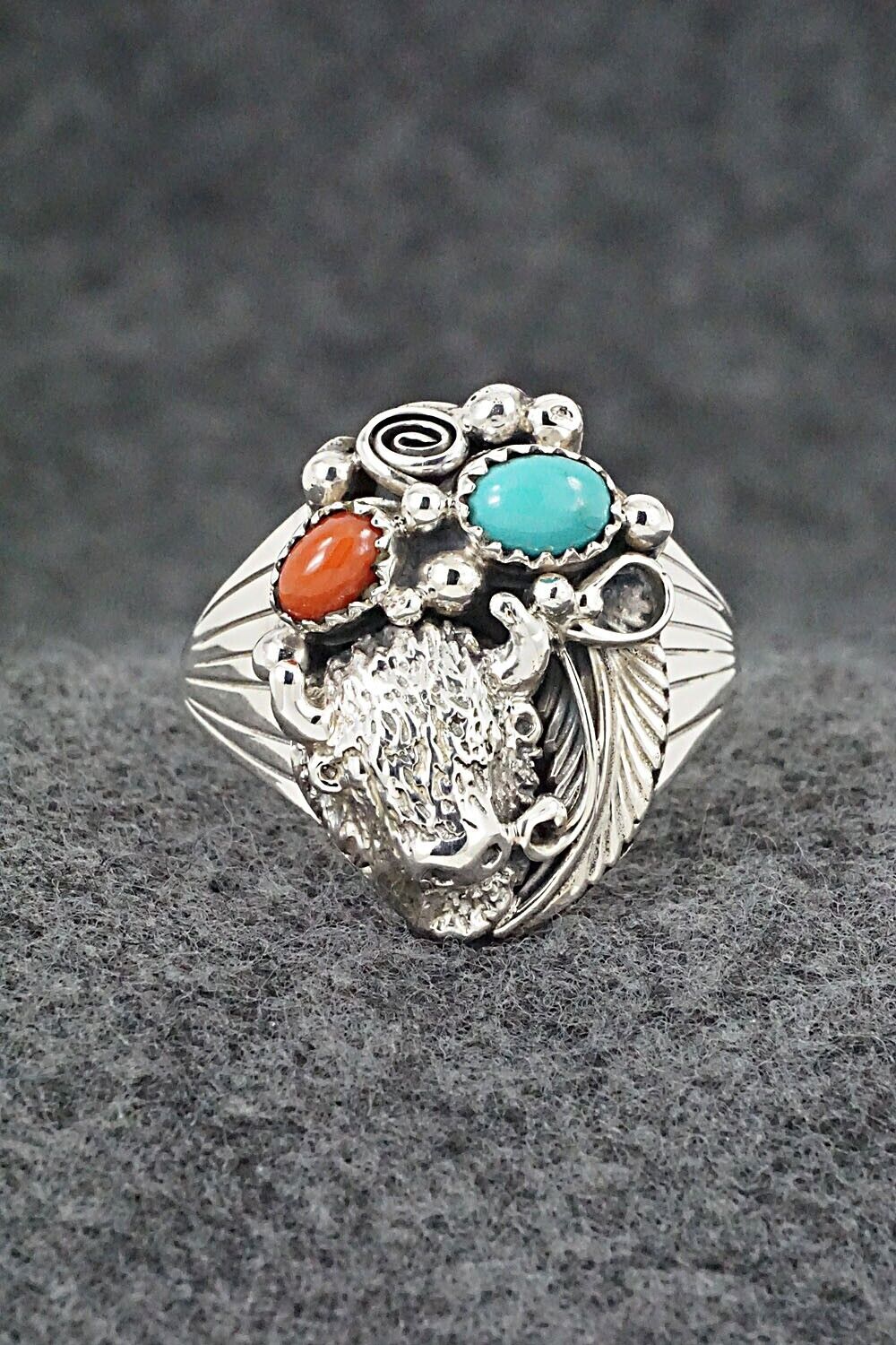 Turquoise, Coral & Sterling Silver Ring - Jeannette Saunders - Size 14