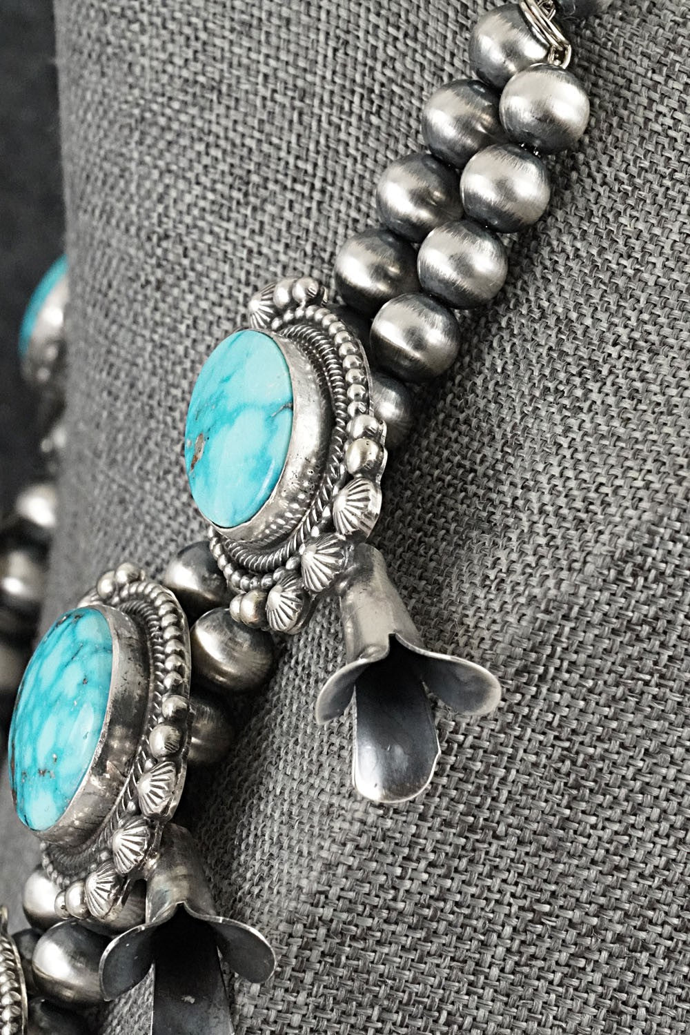 Turquoise & Sterling Silver Squash Blossom Necklace - Tom Lewis