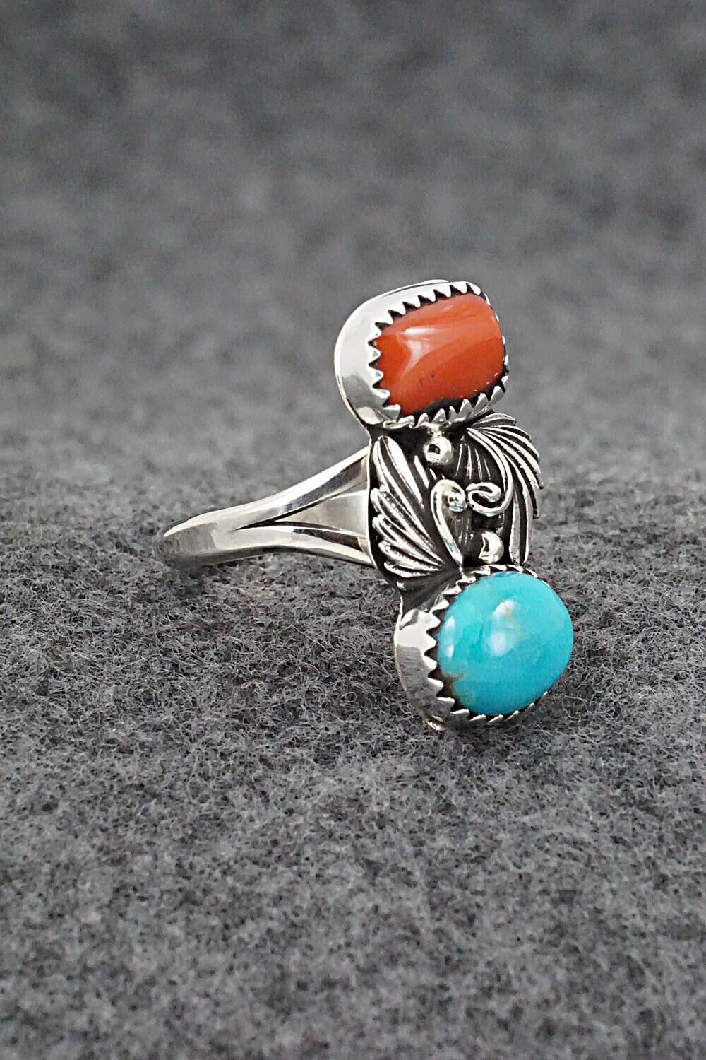 Coral, Turquoise & Sterling Silver Ring - Alice Rose Saunders - Size 8.25