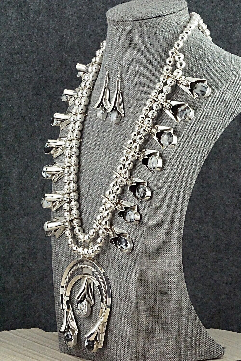 White Buffalo & Sterling Silver Squash Blossom Set - Louise Yazzie
