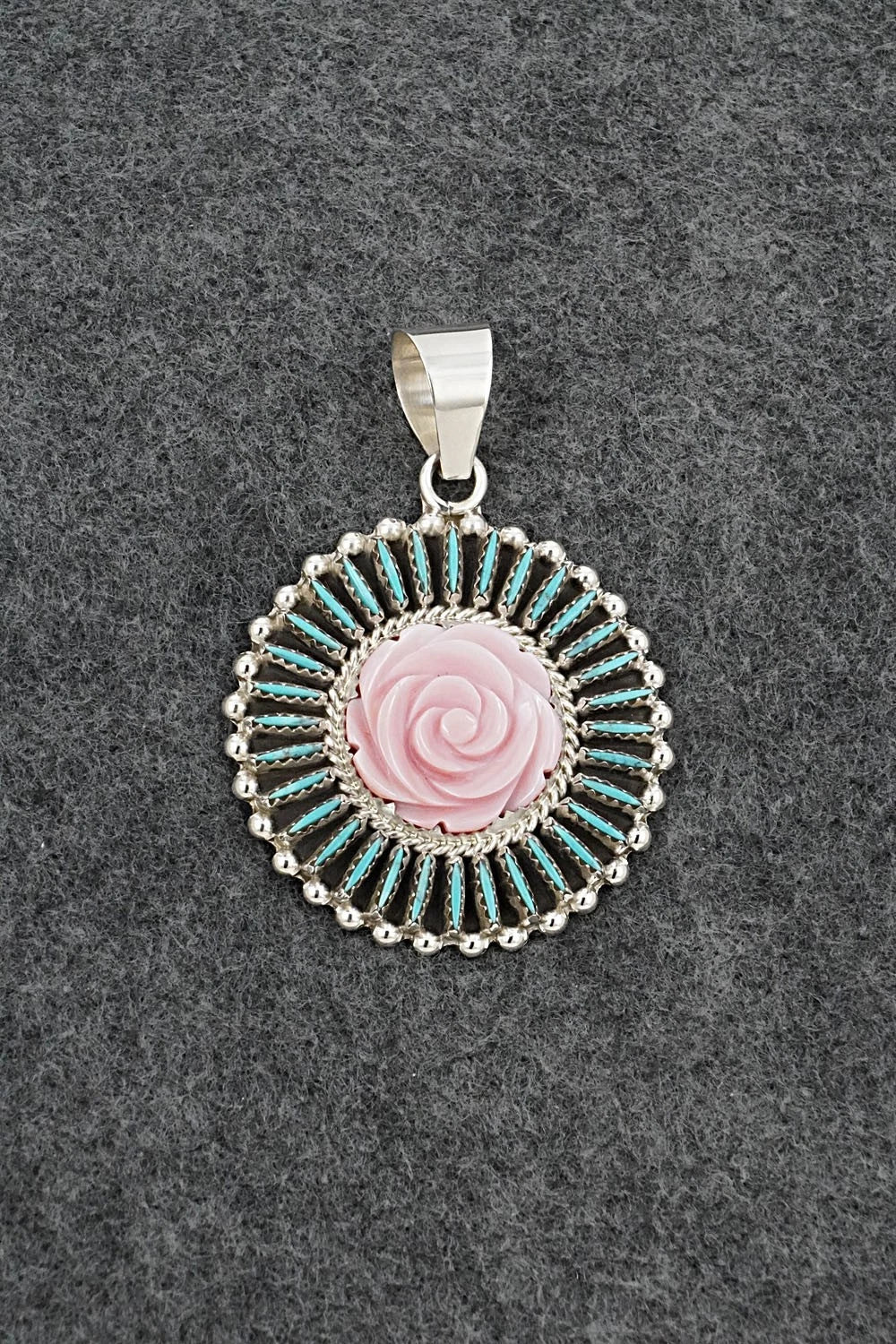 Turquoise, Pink Conch & Sterling Silver Pendant - Roland Francisco