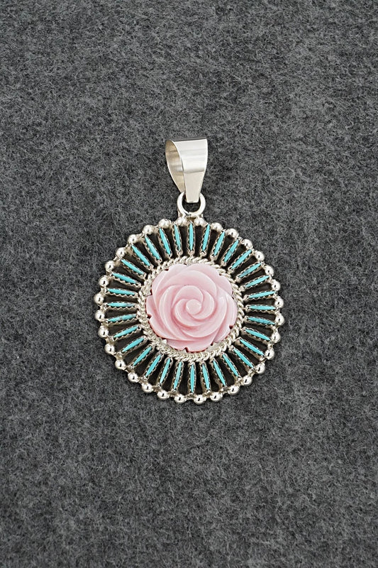 Turquoise, Pink Conch & Sterling Silver Pendant - Roland Francisco