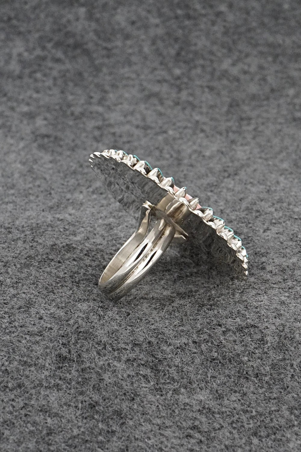 Turquoise, Pink Conch & Sterling Silver Ring - Roland Francisco - Size Adj.