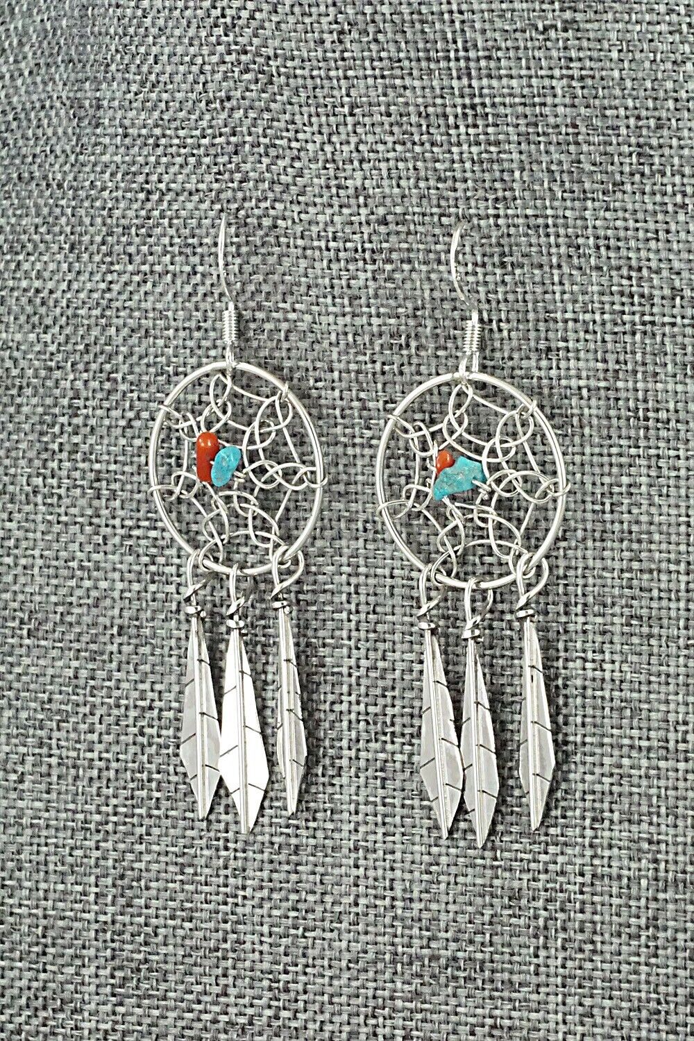 Turquoise, Coral & Sterling Silver Earrings - Lorenzo Arviso Jr.