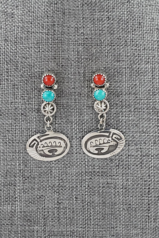 Turquoise, Coral & Sterling Silver Earrings - Annette Martinez