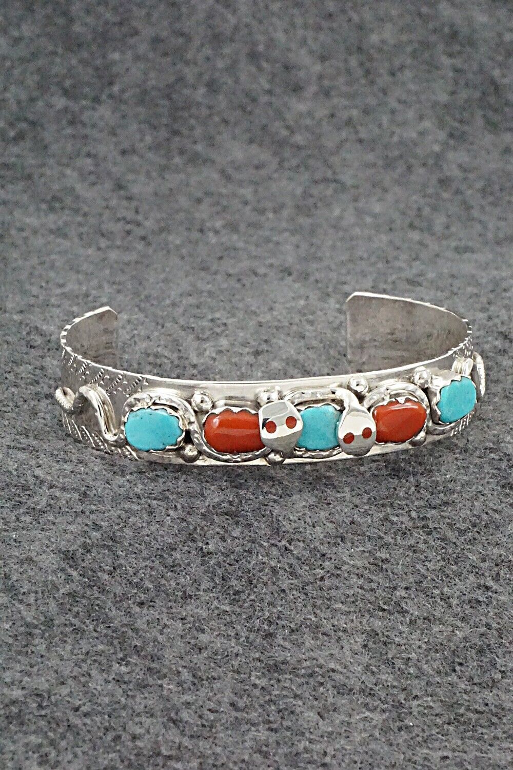 Turquoise, Coral & Sterling Silver Bracelet - Joy Calavaza