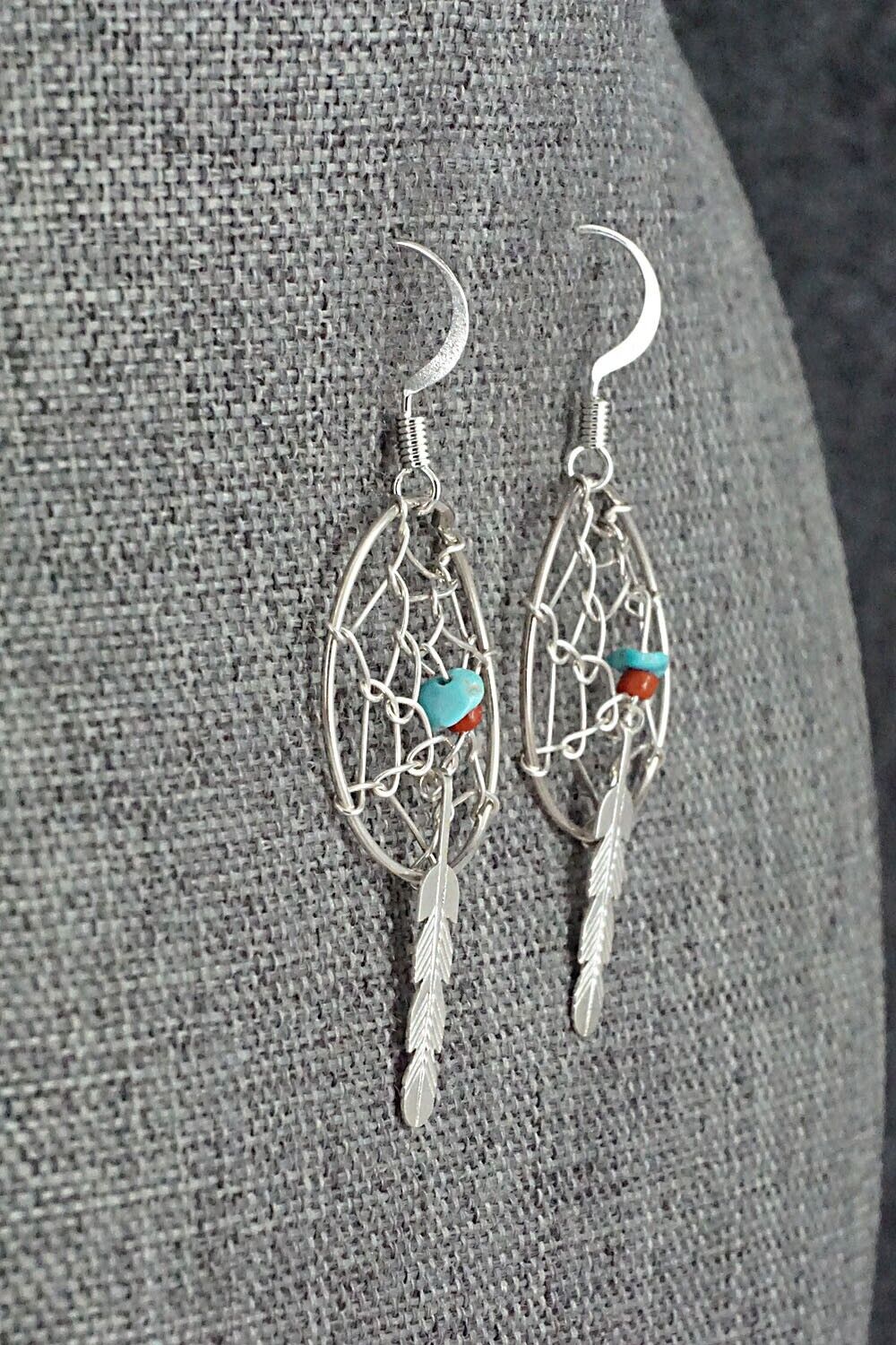 Turquoise, Coral & Sterling Silver Earrings - Helena Yazzie