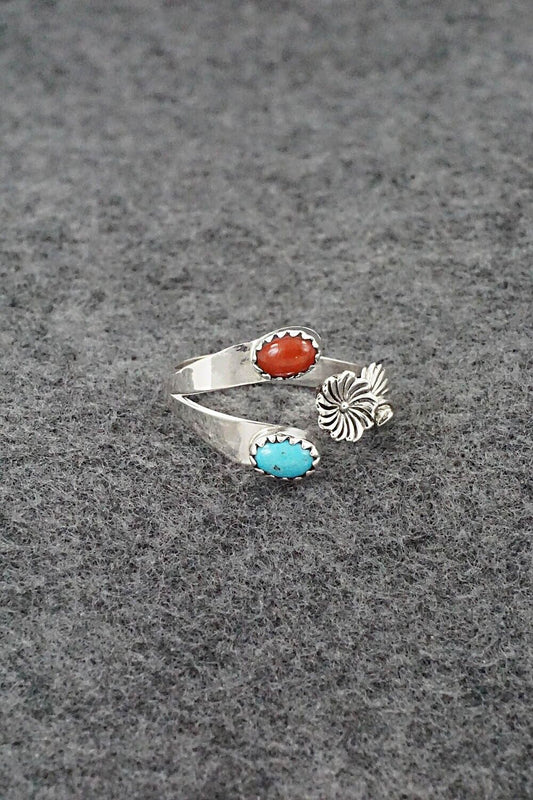 Turquoise, Coral & Sterling Silver Ring - Robert Martinez - Size 8.5