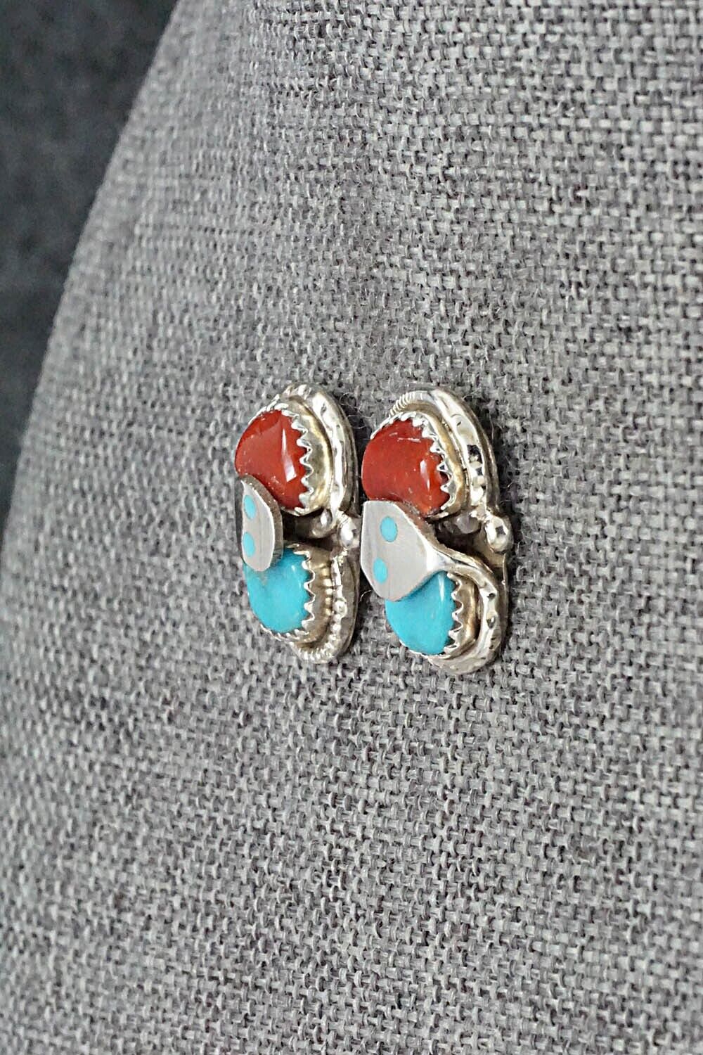 Turquoise, Coral & Sterling Silver Earrings - Joy Calavaza